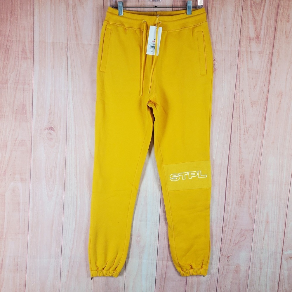 Staple Pigeon‎ Sweatpants Mens Small Yellow Embroidered Logo Ankle Zip Jogger